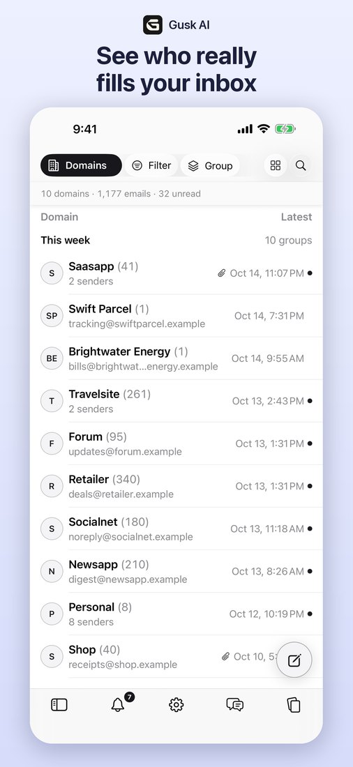 Inbox grouped by domain, with message counts and dates