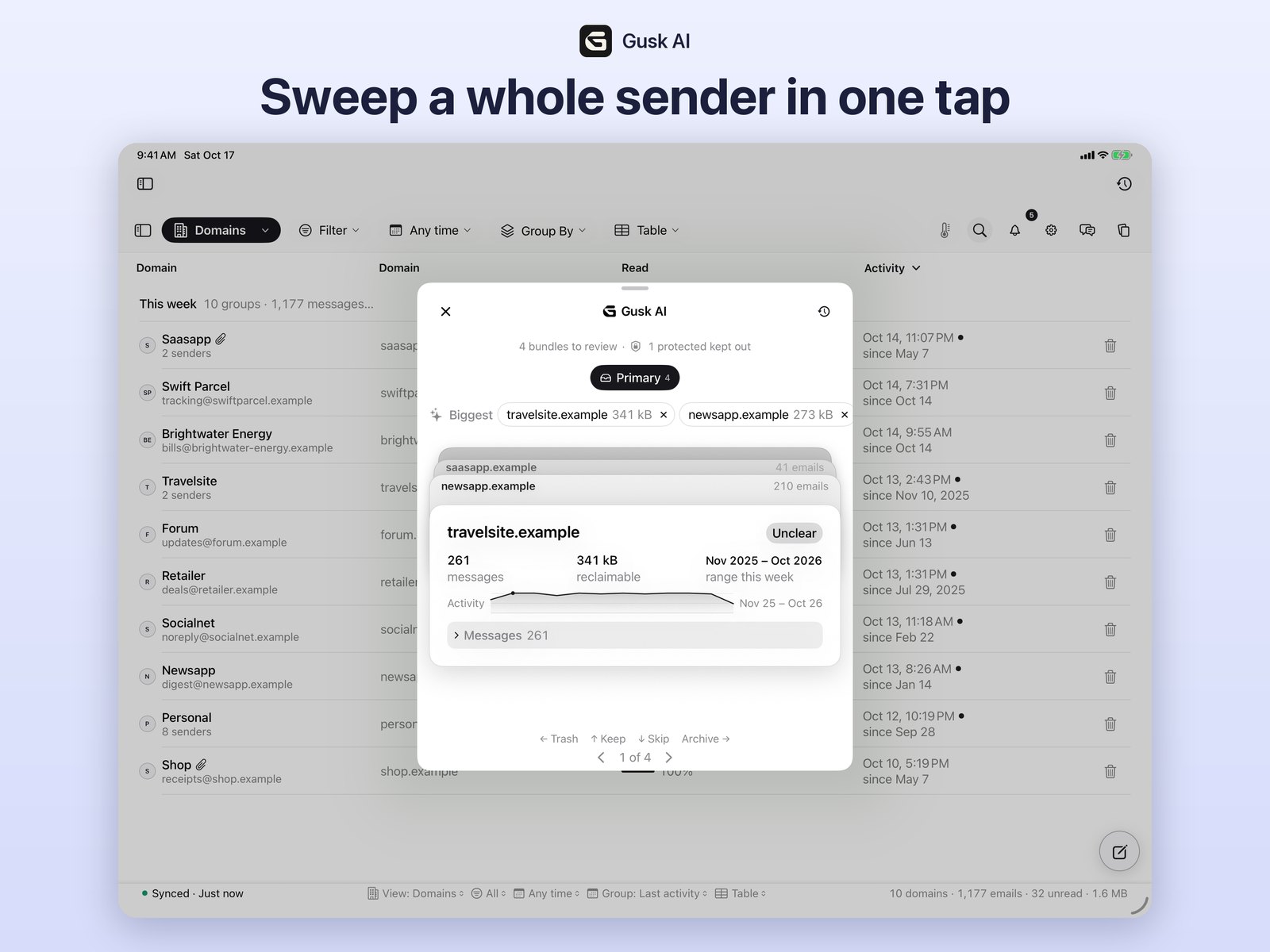 Gusk AI on iPad: a Sweep card over the domains table